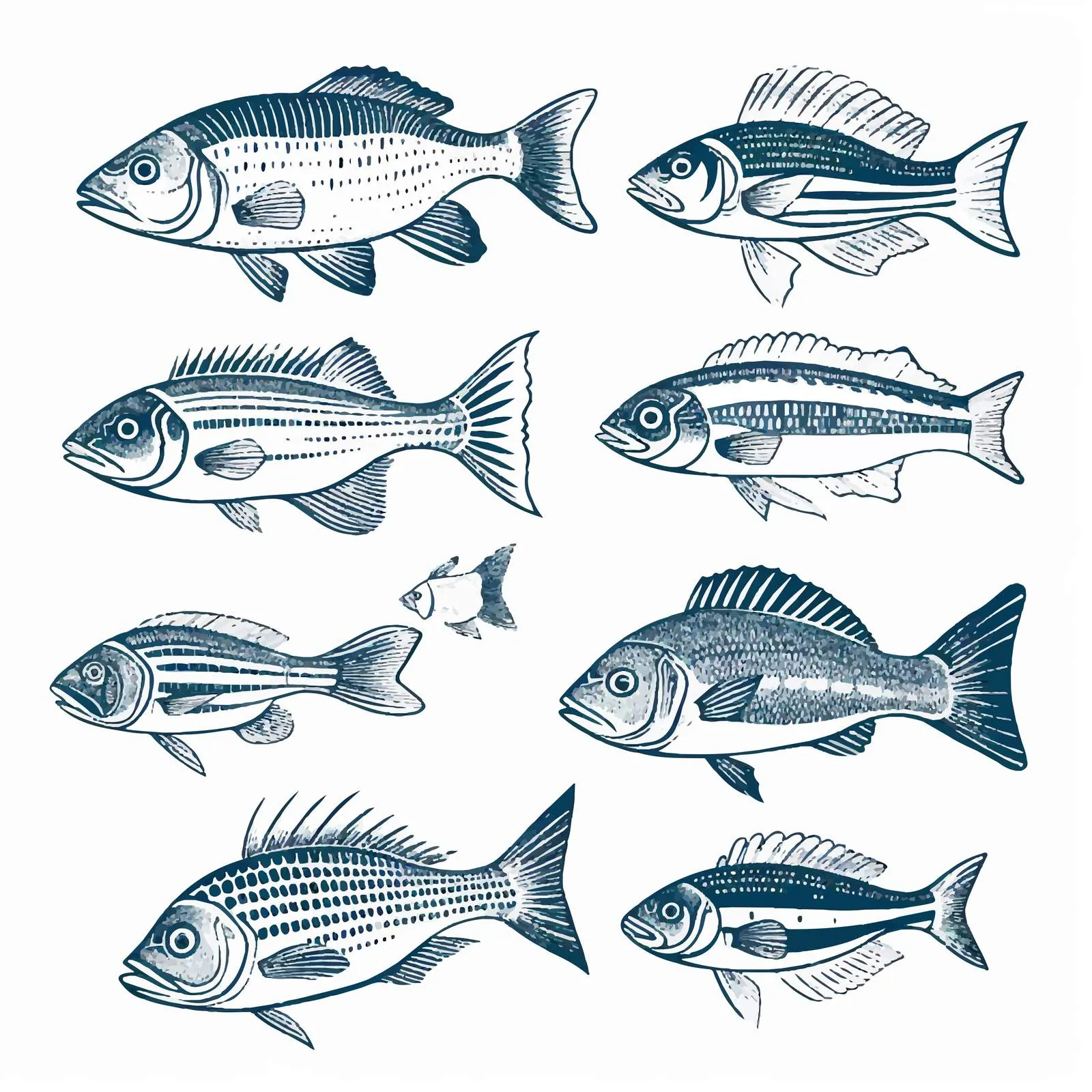 Hand-Drawn Fish Collection with Blue Contours — free download from Dotvec