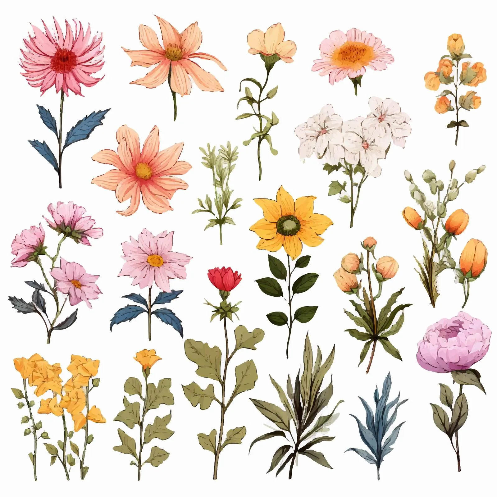 Hand-Drawn Garden Flowers, Leaves, and Buds Vectors — free download from Dotvec