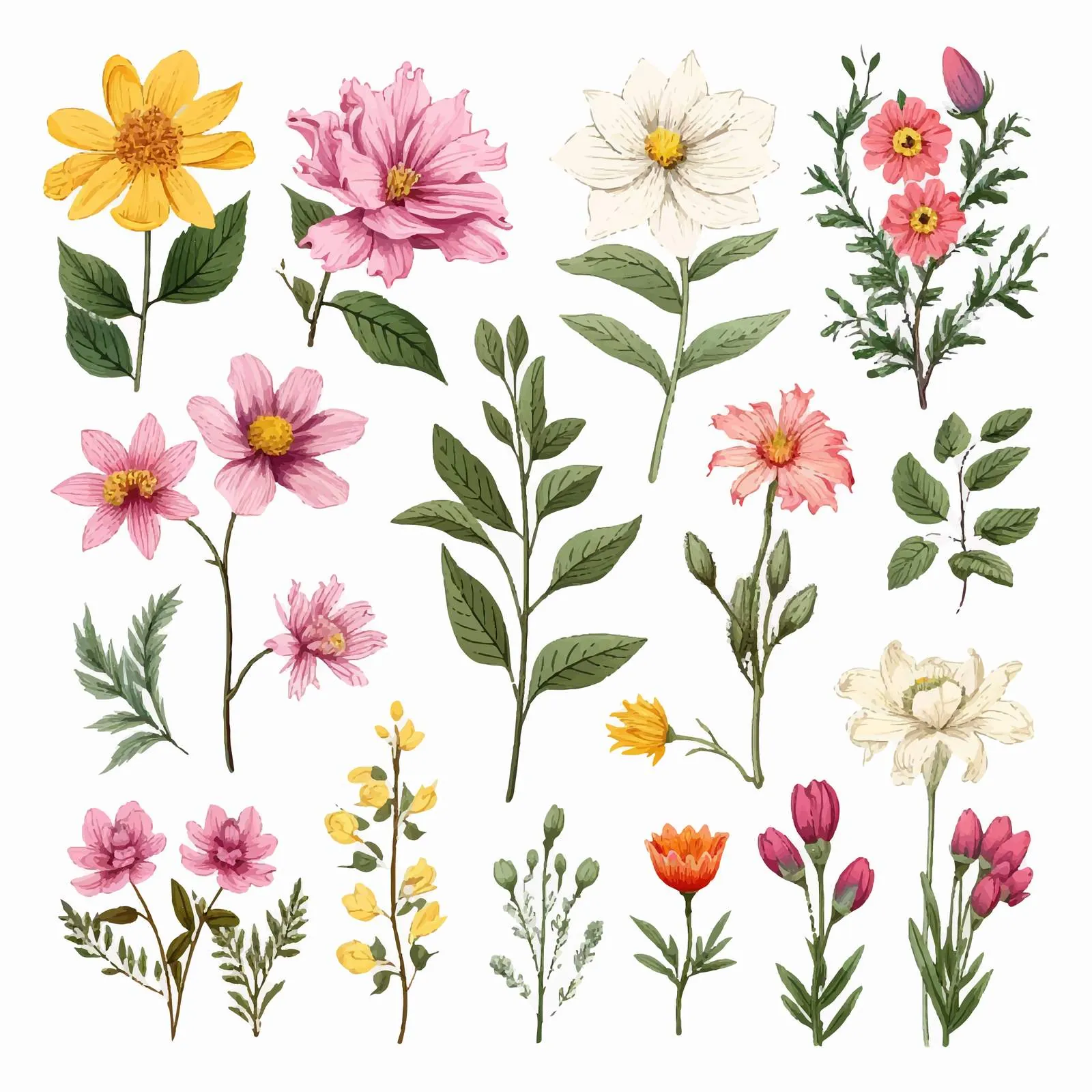 Hand Drawn Garden Flowers and Leaves Vectors — free download from Dotvec