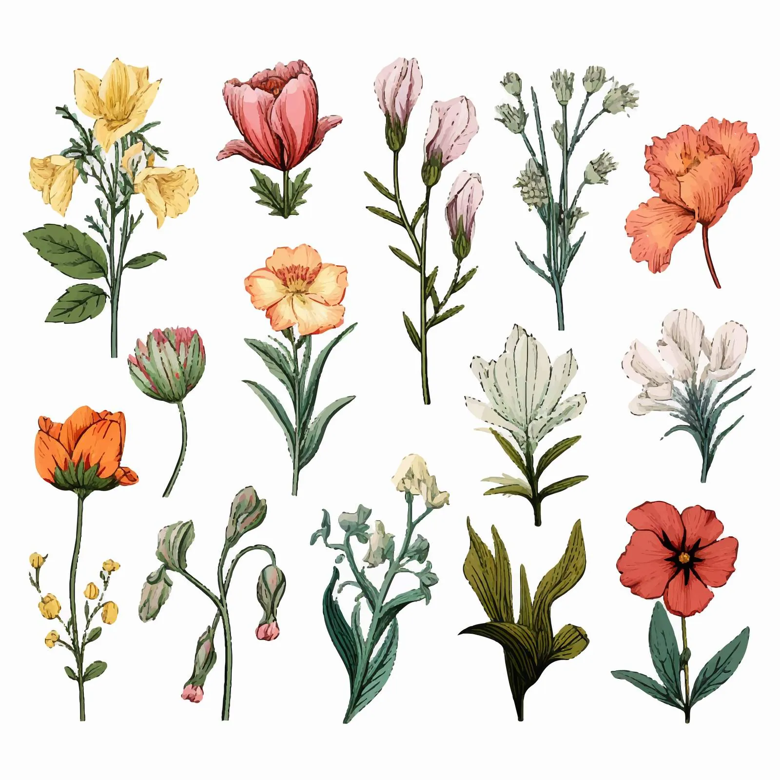 Hand Drawn Garden Flowers and Leaves Collection — free download from Dotvec
