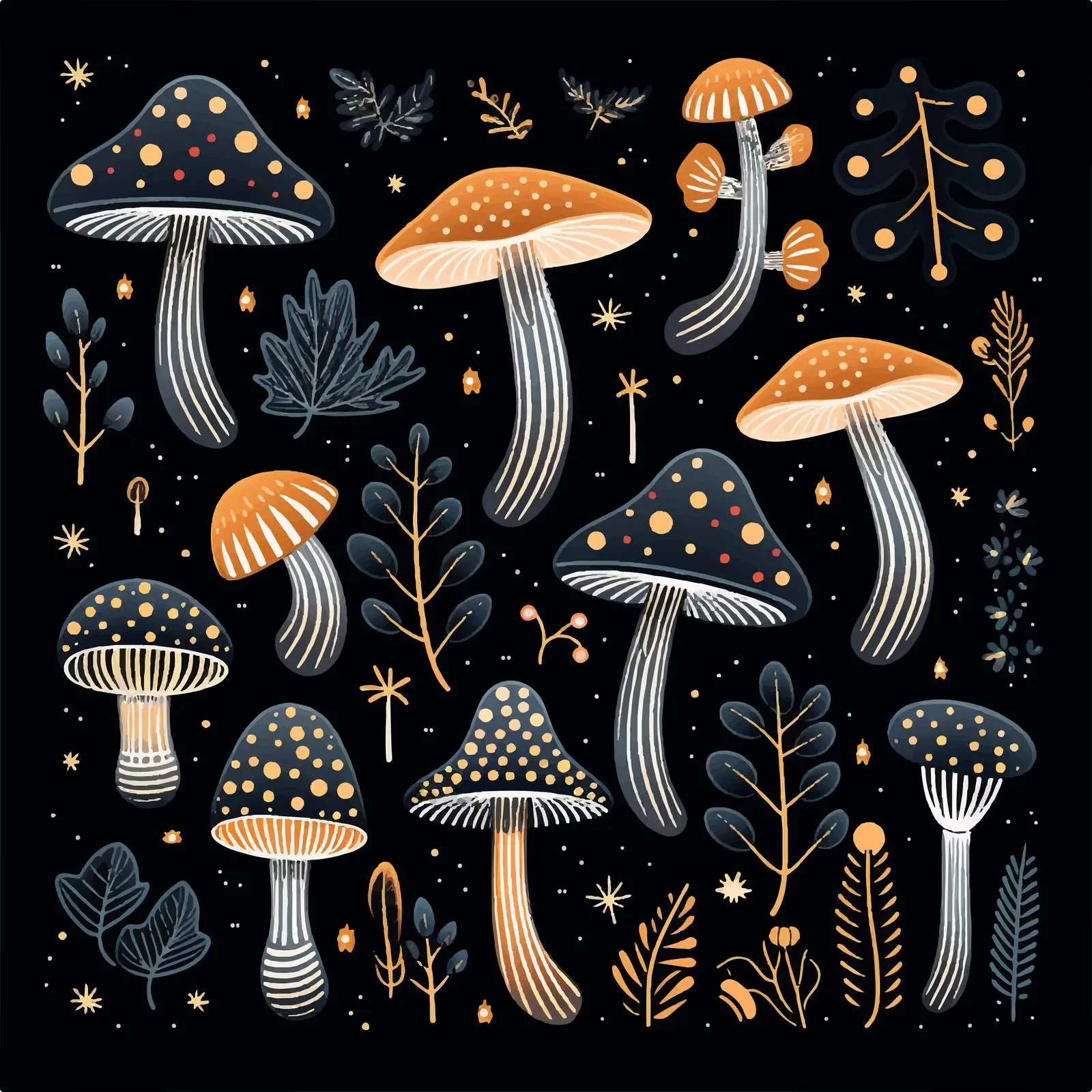Magic Mushrooms and Plants Under Starry Sky — free download from Dotvec