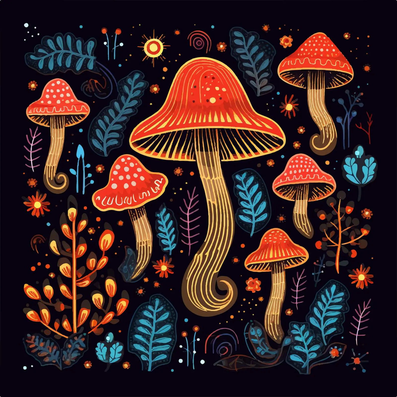 Magic Mushrooms with Plants and Starry Background — free download from Dotvec
