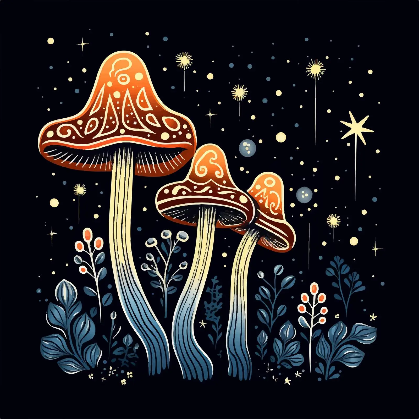 Magic Mushrooms with Plants and Starry Background — free download from Dotvec