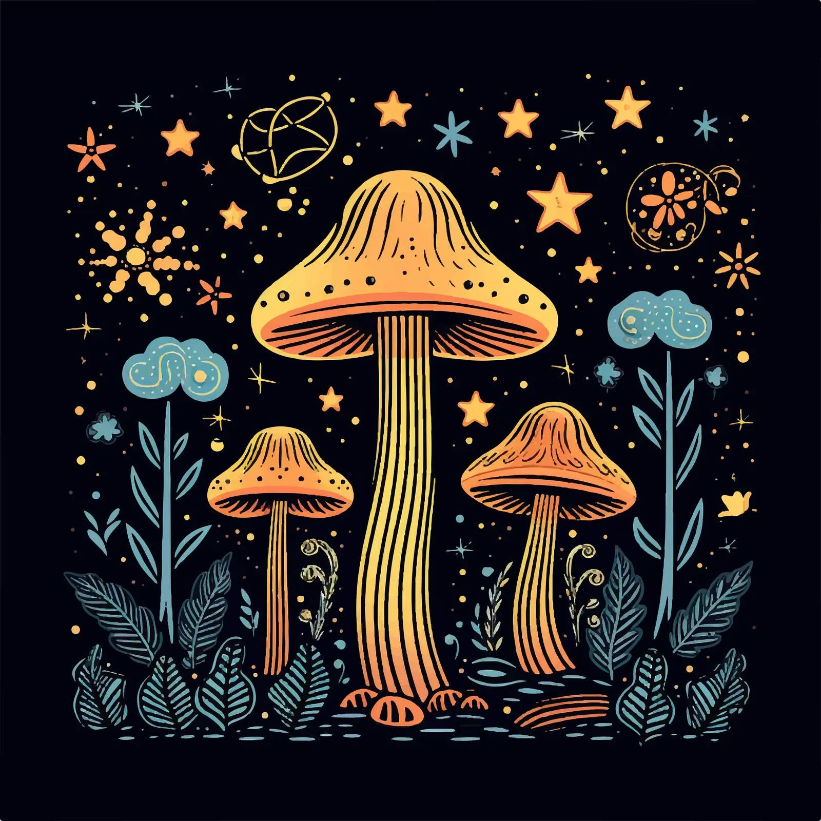 Magic Mushrooms with Plants and Starry Background — free download from Dotvec