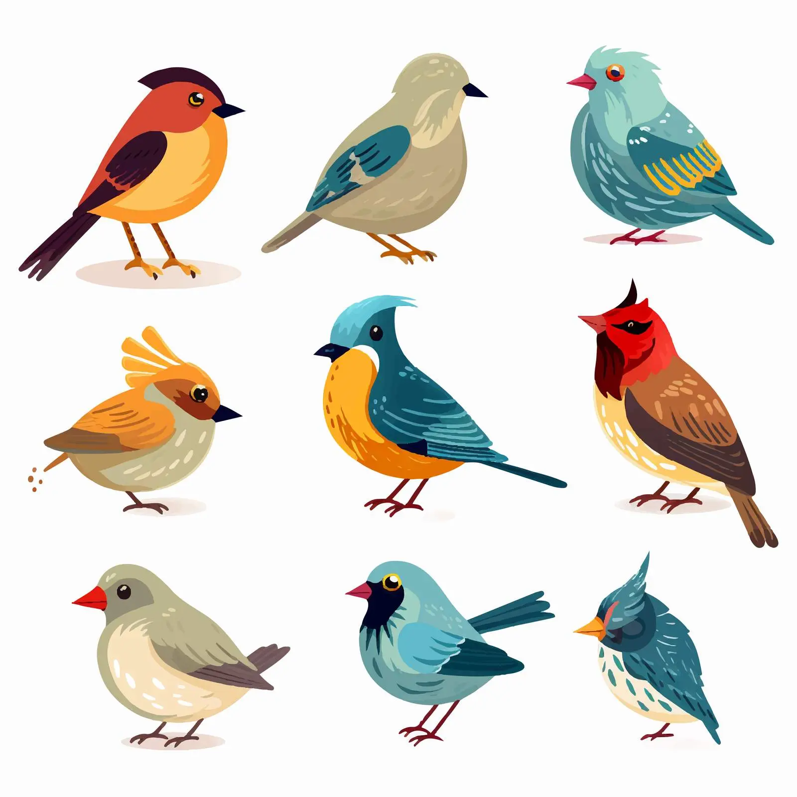 Diverse Cartoon Birds Collection on White Background – free cute birds image from Dotvec
