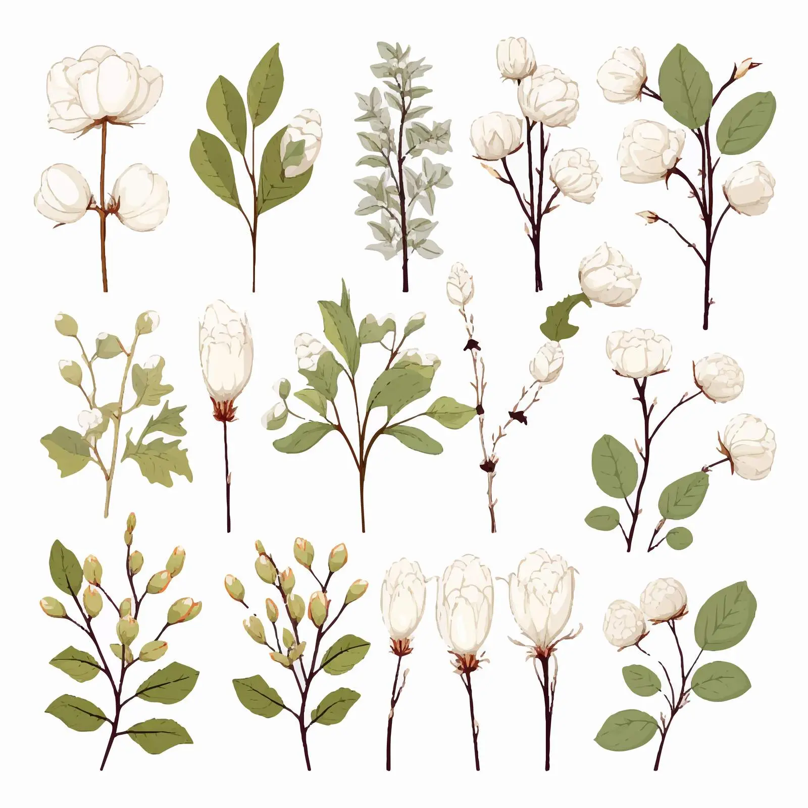 Raw Cotton Branches, Leaves, Bolls, and Flowers — free download from Dotvec