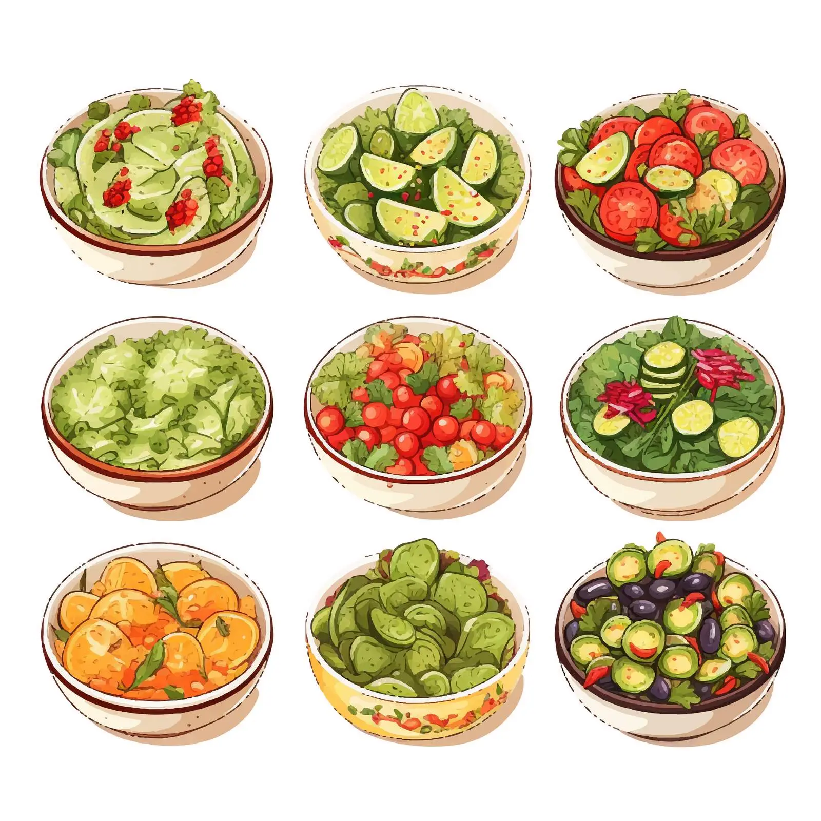 Variety of Salads in Plates and Bowls – free side dish image from Dotvec