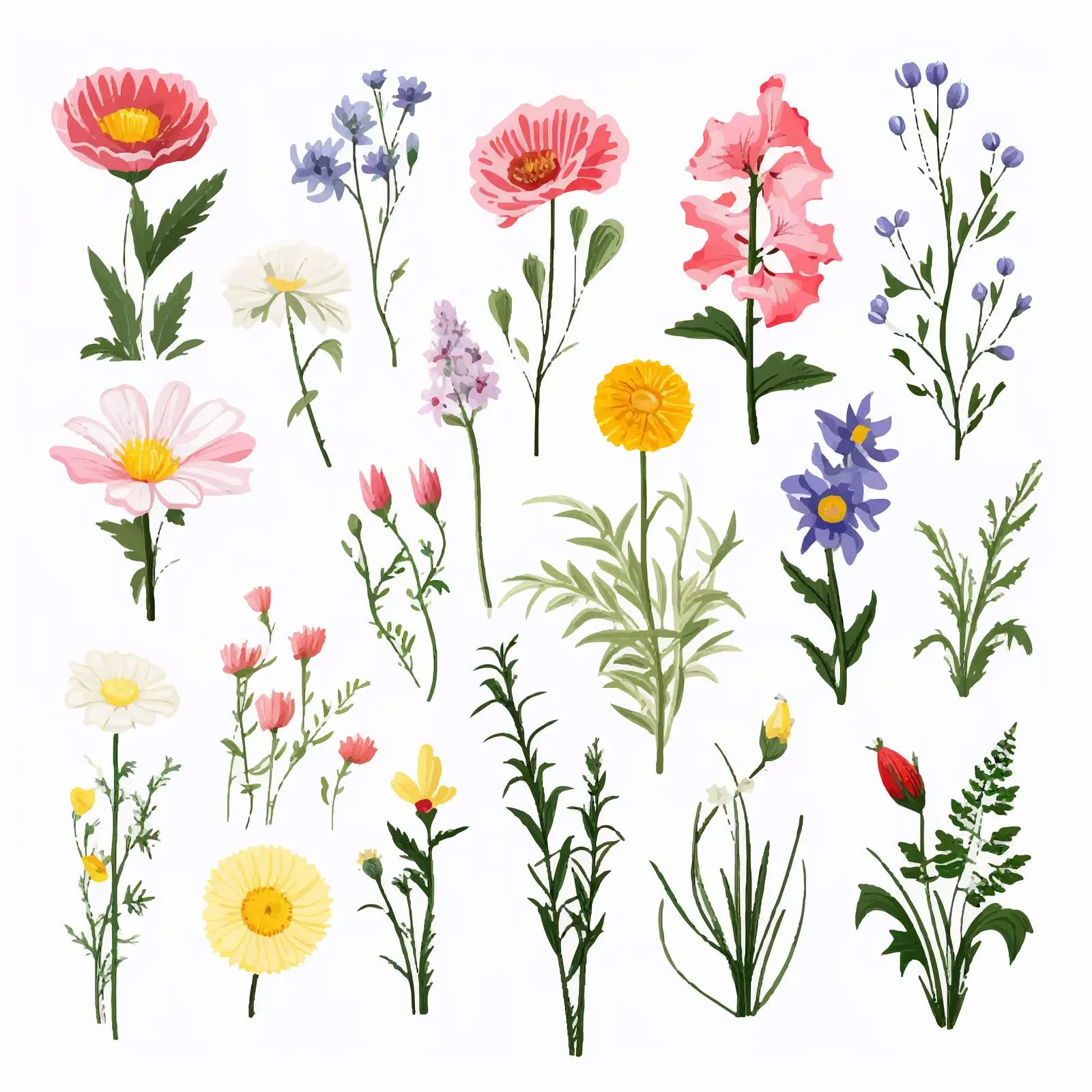 Wild Blooming Meadow Flowers Isolated on White — free download from Dotvec