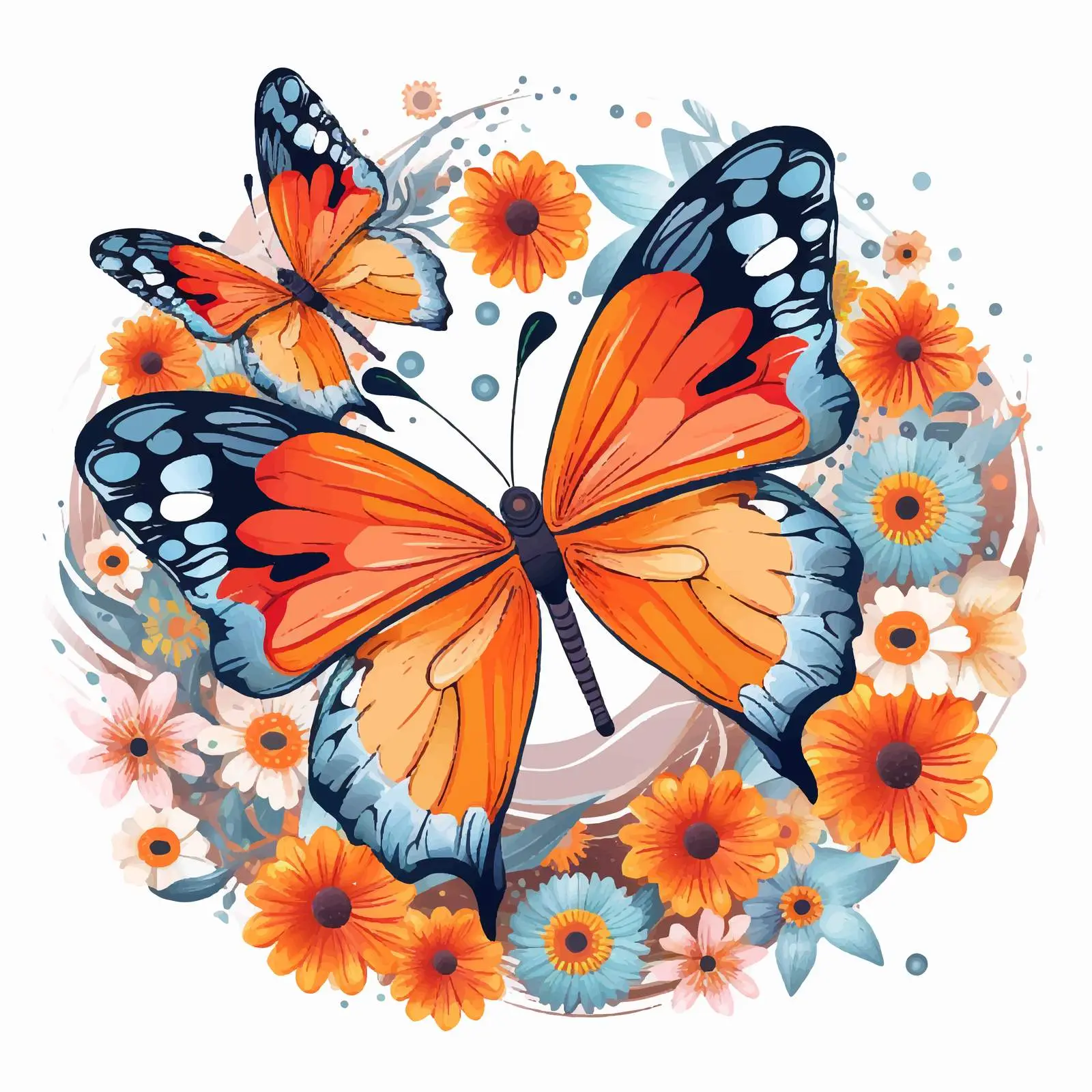 Colorful Butterflies and Flowers with Orange Circles — free download from Dotvec