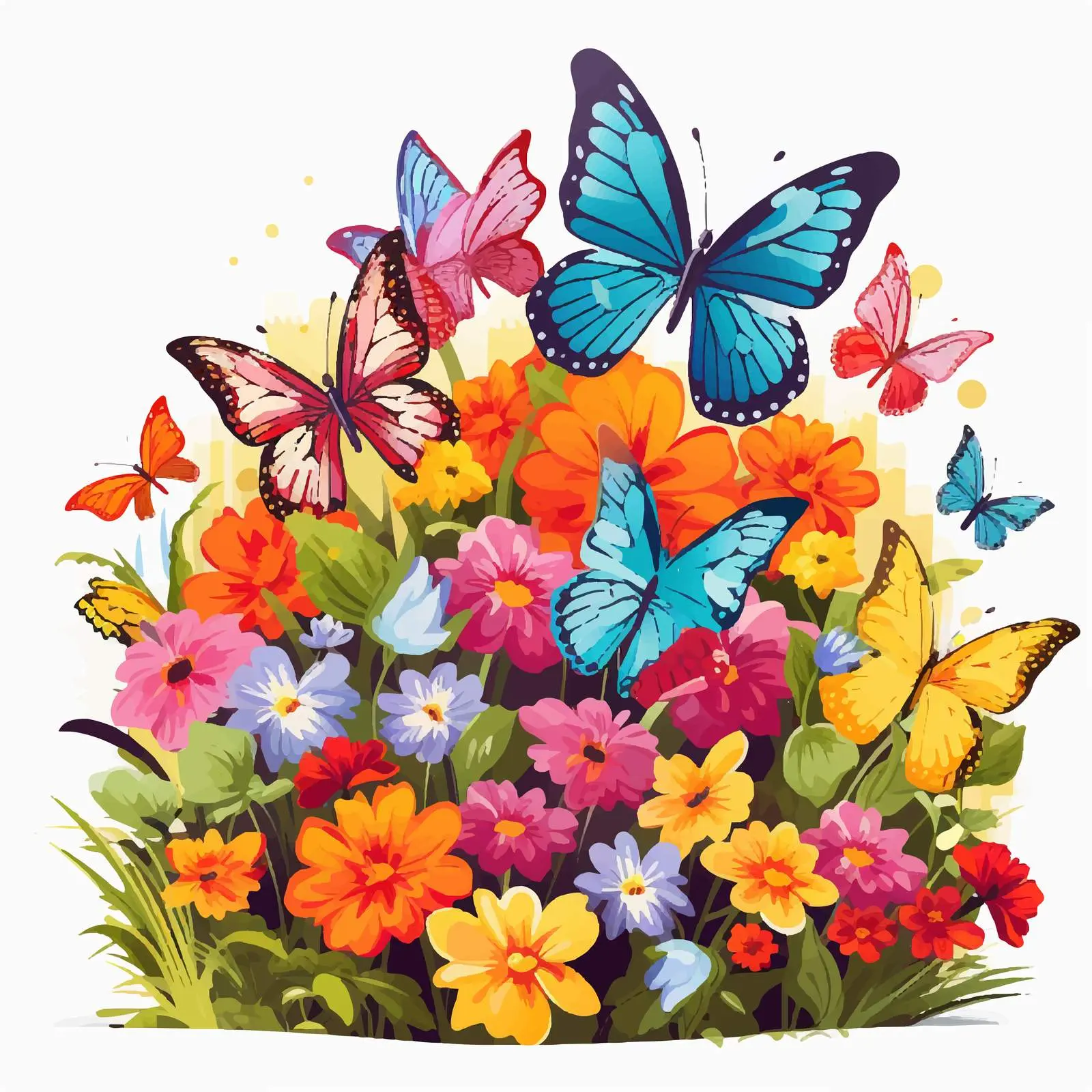 Colorful Butterflies Over Rainbow and Flowers – free fantasy elements image from Dotvec