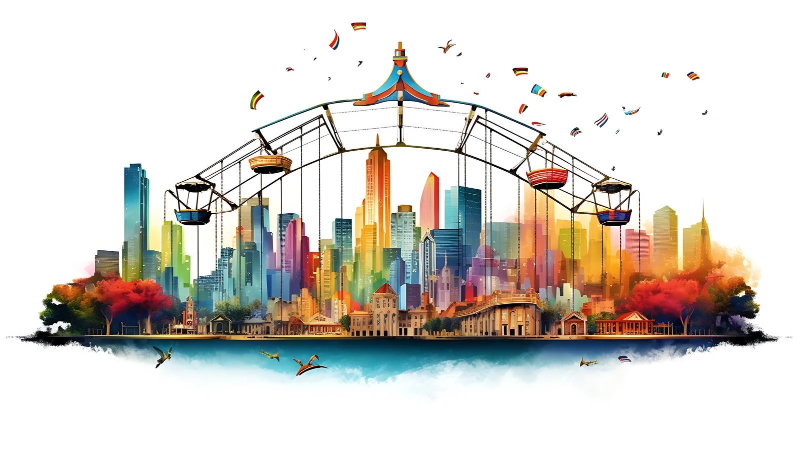 Vibrant Carnival Swing Ride with Urban Skyline — free download from Dotvec