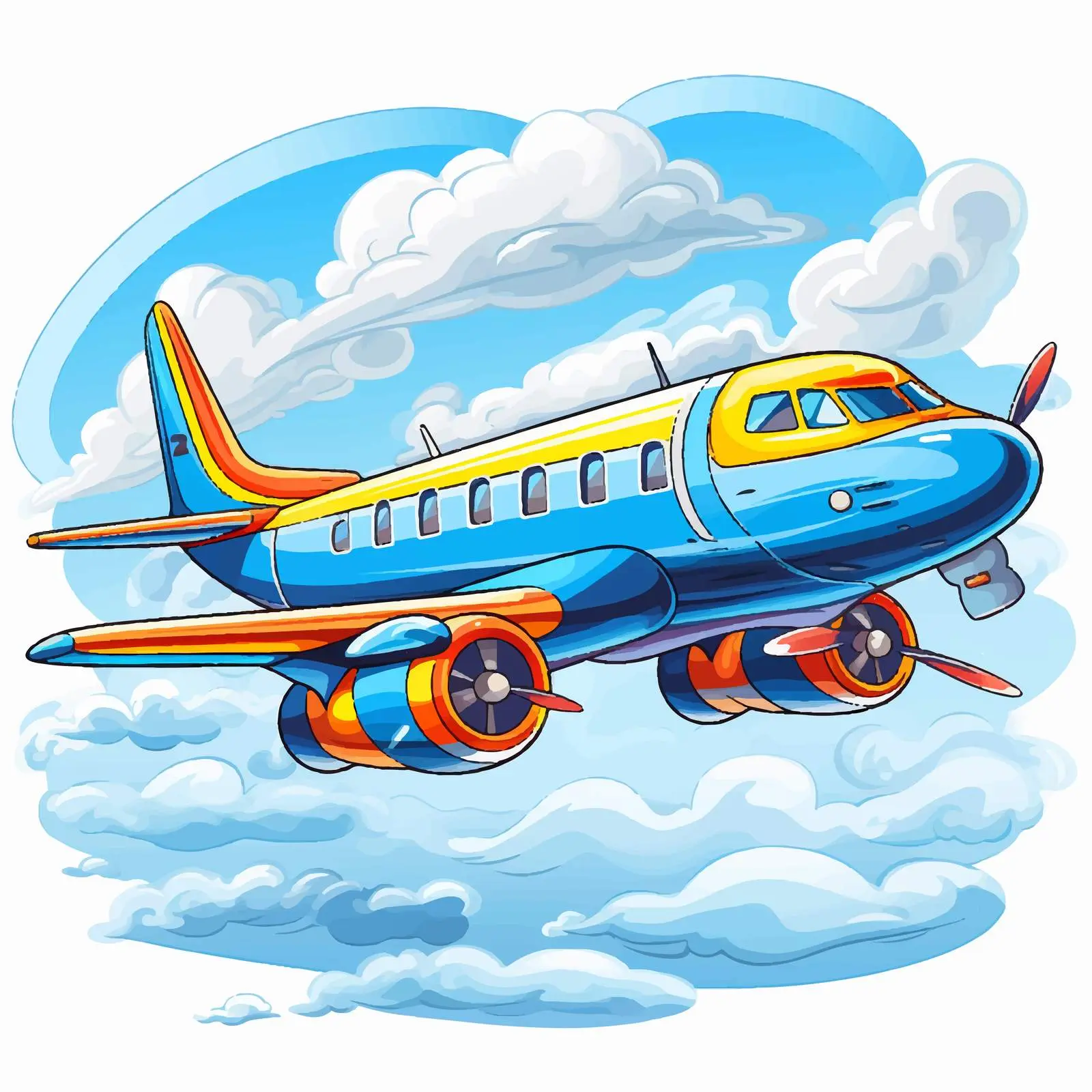 Colorful Cartoon Airplane Flying in Cloudy Sky – free filled image from Dotvec