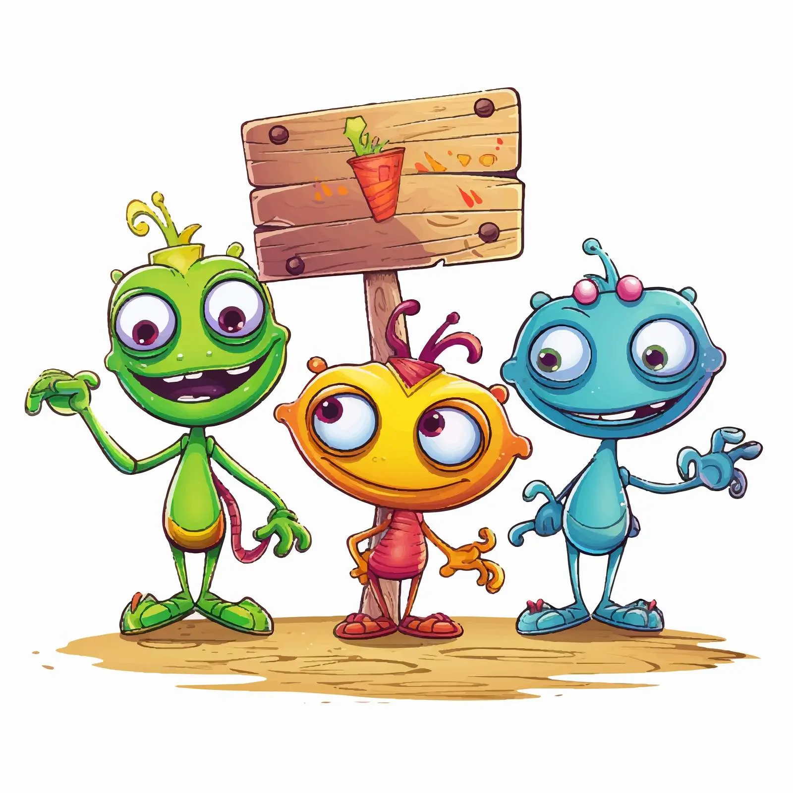 Cartoon Aliens with Wooden Sign Arrow — free download from Dotvec