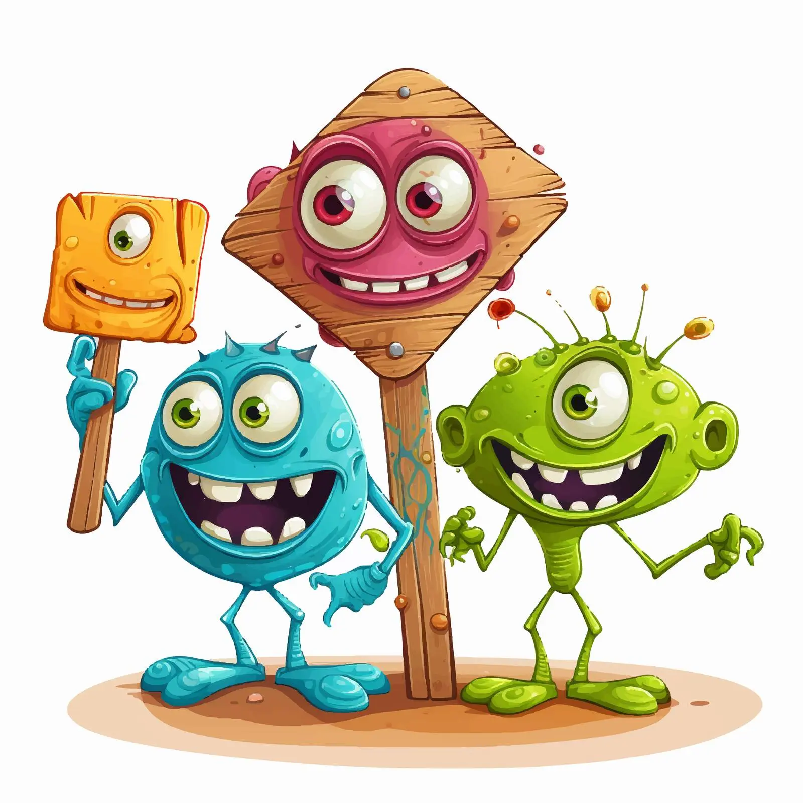 Colorful Cartoon Aliens with Wooden Arrow Sign — free download from Dotvec