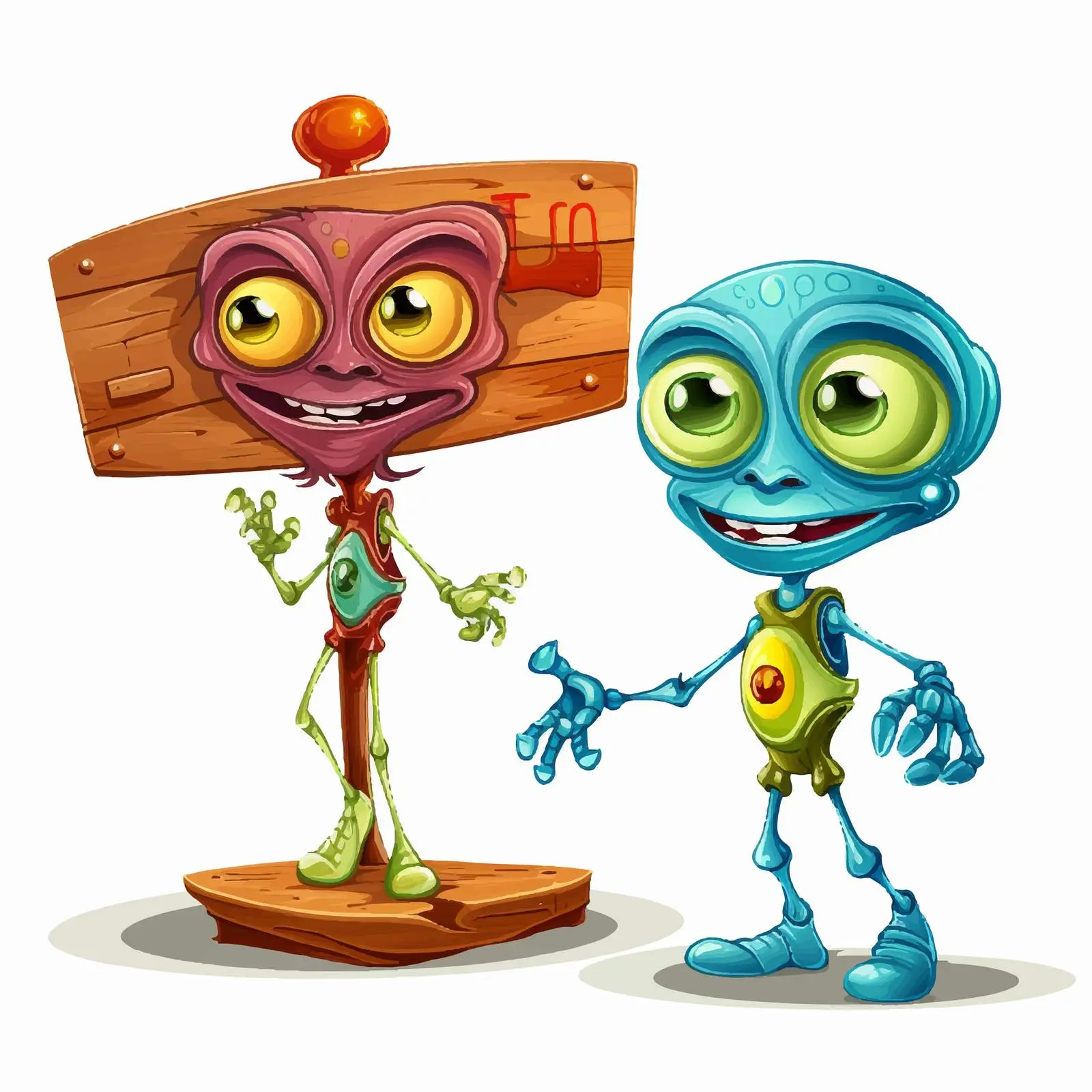 Colorful Cartoon Aliens with Wooden Sign – free cartoon aliens image from Dotvec
