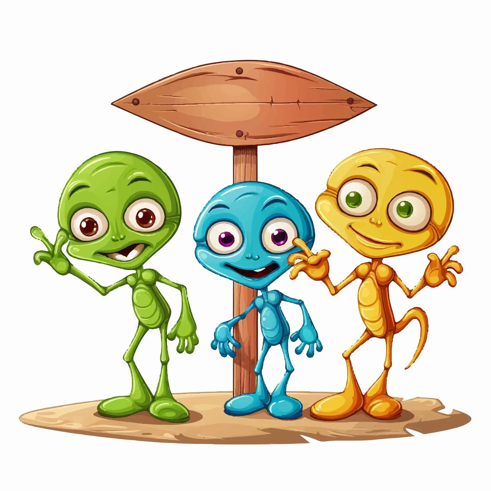 Colorful Cartoon Aliens with Wooden Sign – free cartoon aliens image from Dotvec