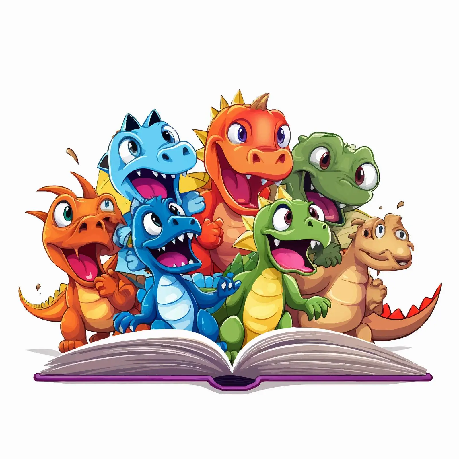 Colorful Dinosaurs Emerging from Open Book — free download from Dotvec