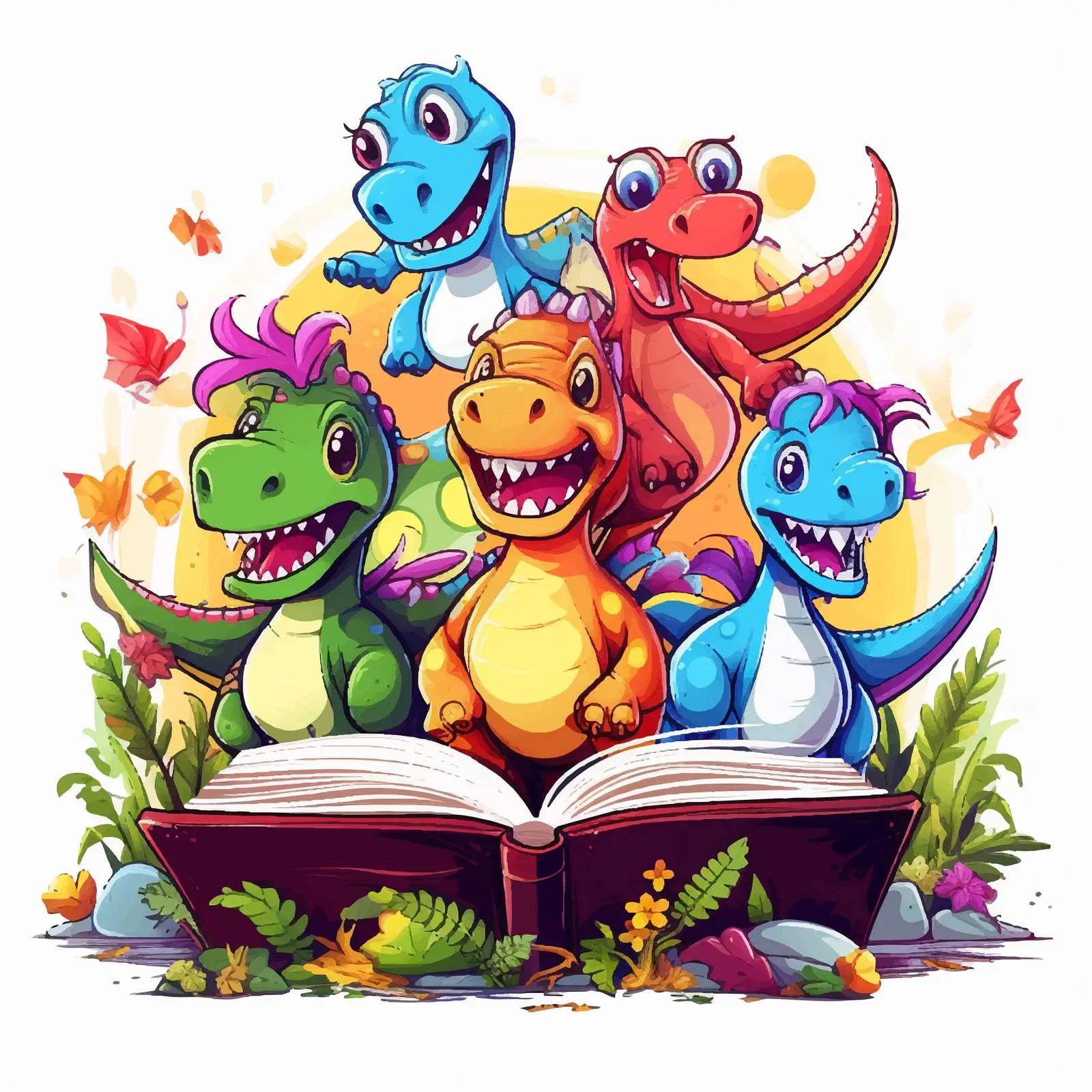 Colorful Dinosaurs Emerging from Open Book Vector — free download from Dotvec