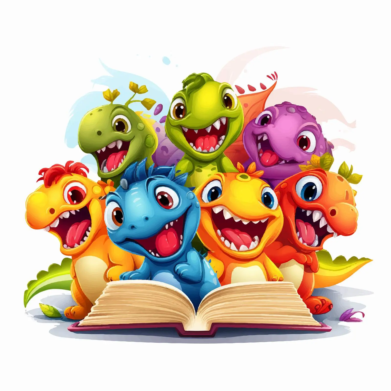 Colorful Dinosaurs Emerging from Open Book — free download from Dotvec