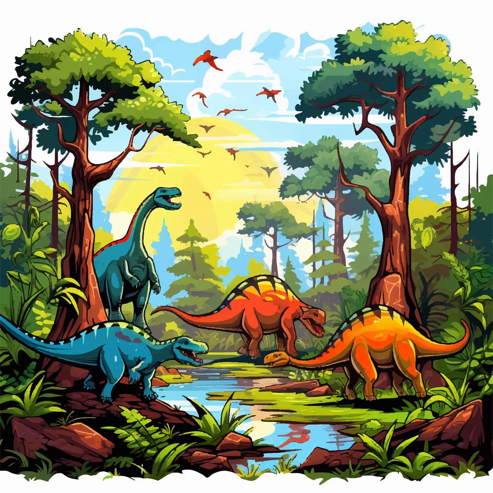 Colorful Dinosaurs in Lush Forest Vector Art — free download from Dotvec