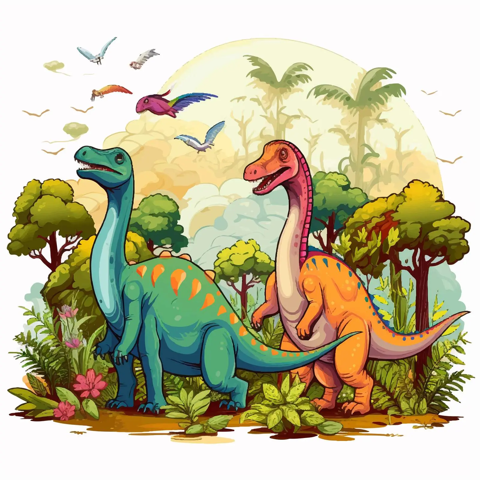 Colorful Dinosaurs in Lush Forest Vector Art — free download from Dotvec