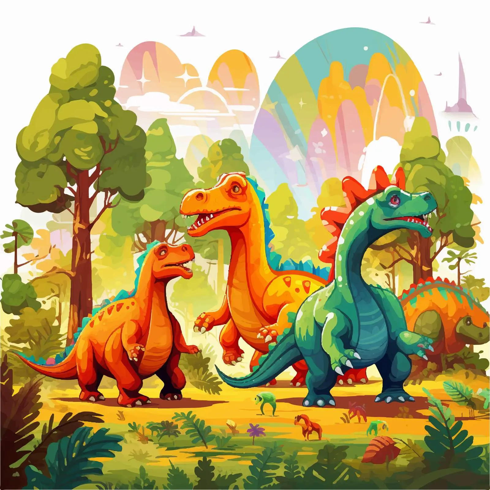 Colorful Dinosaurs in Lush Forest Vector Artwork — free download from Dotvec