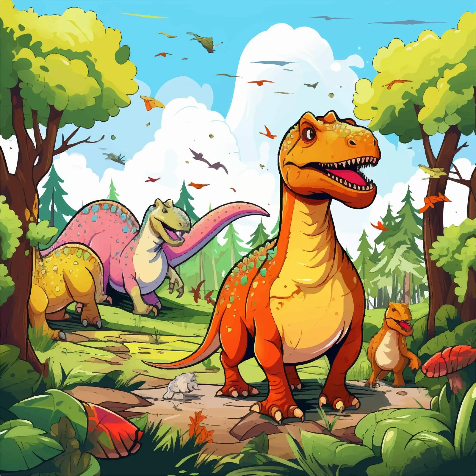 Colorful Dinosaurs in a Lush Forest Vector — free download from Dotvec
