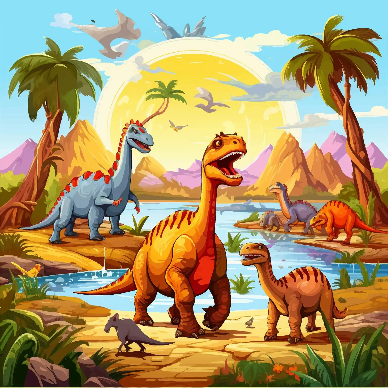 Colorful Dinosaurs in Prehistoric Scene — free download from Dotvec