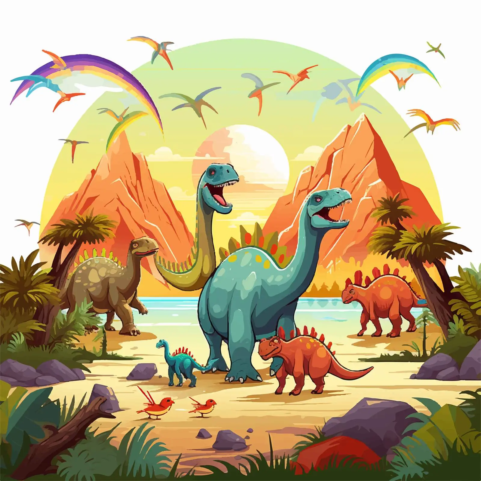 Colorful Dinosaurs in Vibrant Prehistoric Scene — free download from Dotvec