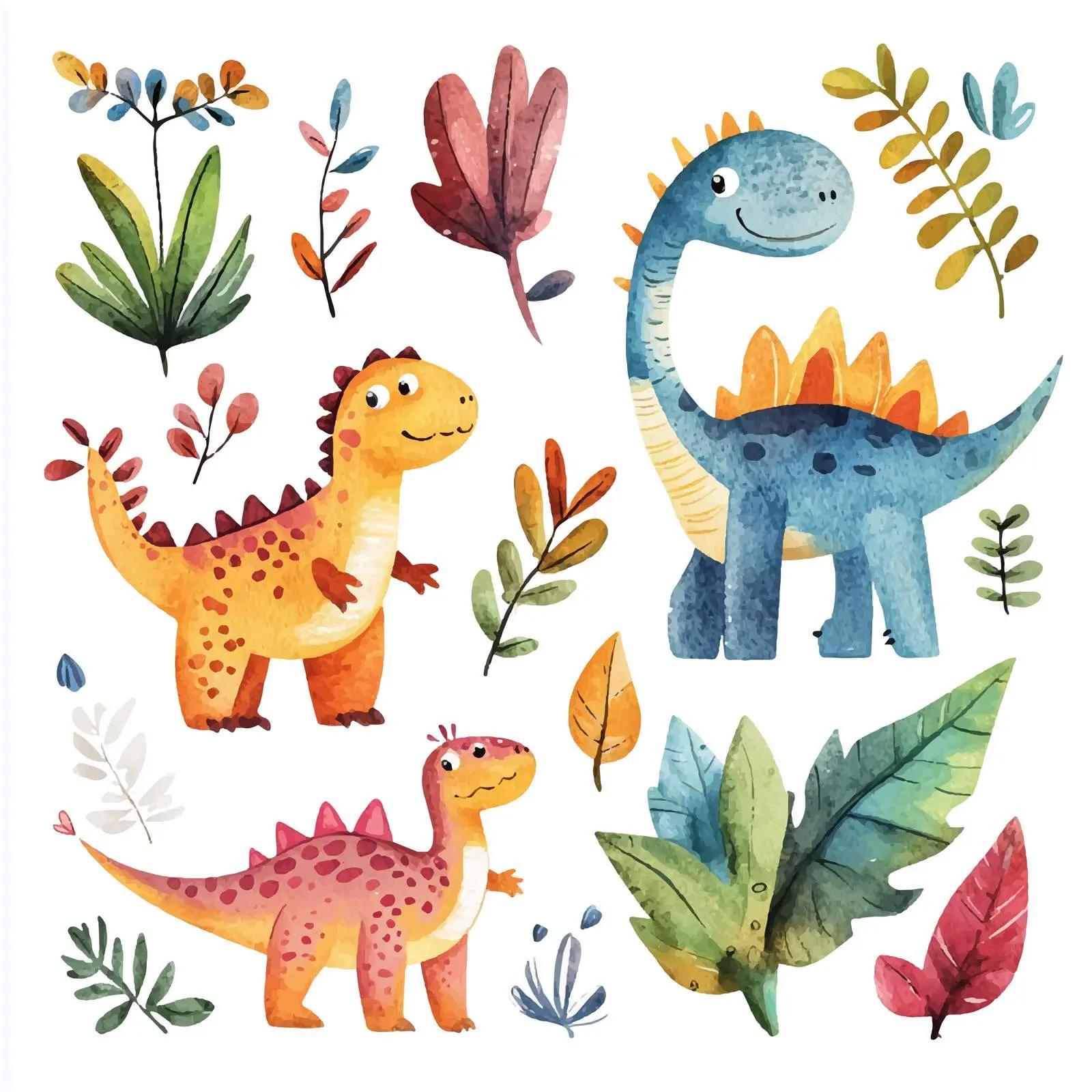Colorful Dinosaurs and Plants Watercolor Vector Art — free download from Dotvec