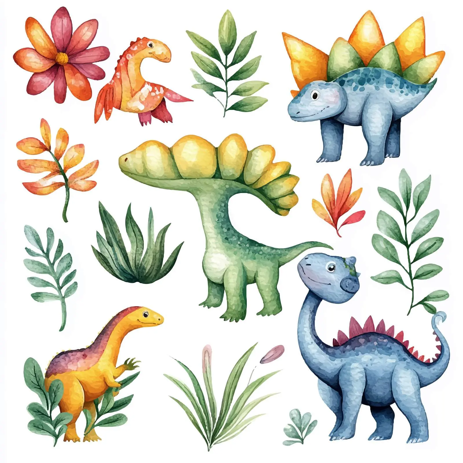 Colorful Dinosaurs and Plants Watercolor Illustration — free download from Dotvec