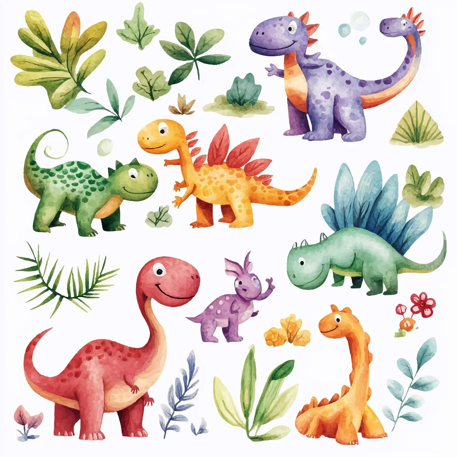 Colorful Dinosaurs and Plants Watercolor Illustration — free download from Dotvec