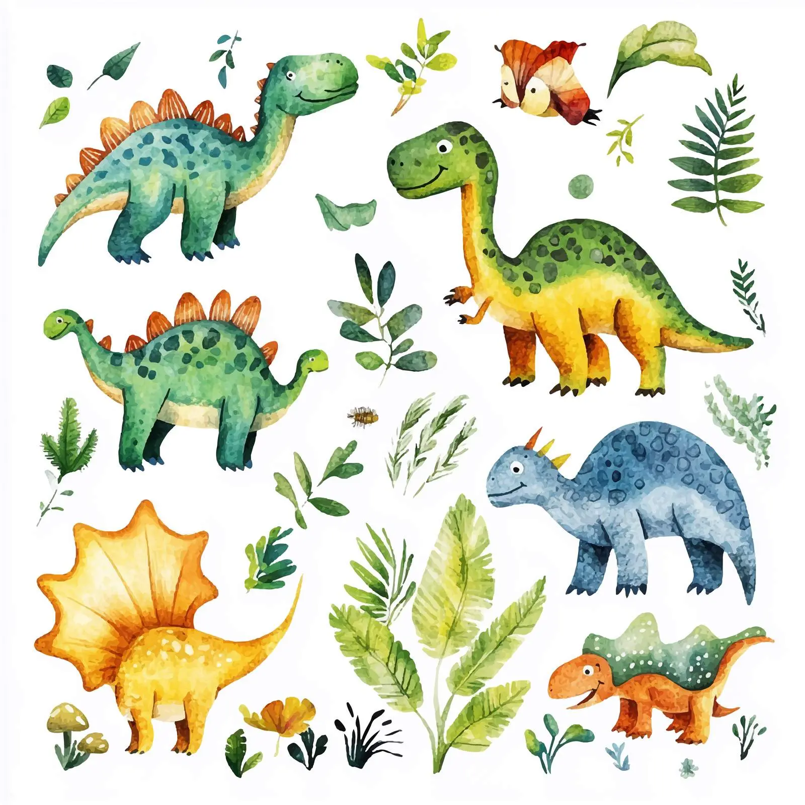 Colorful Dinosaurs and Plants Watercolor Illustration — free download from Dotvec