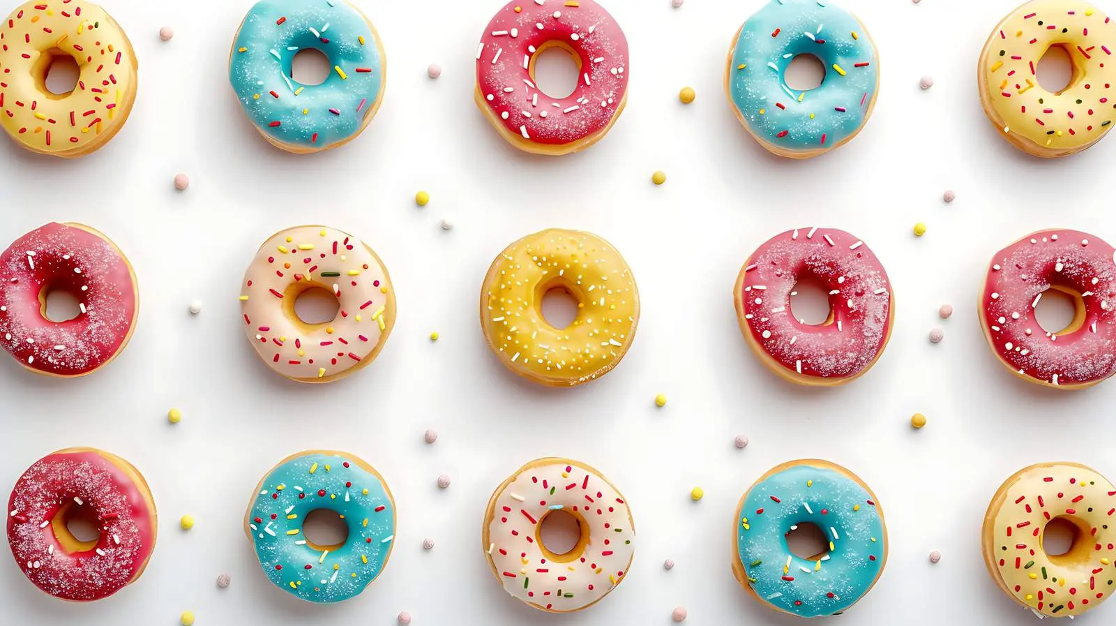 Colorful Donuts on White Background - Flat Lay View – free snacks image from Dotvec