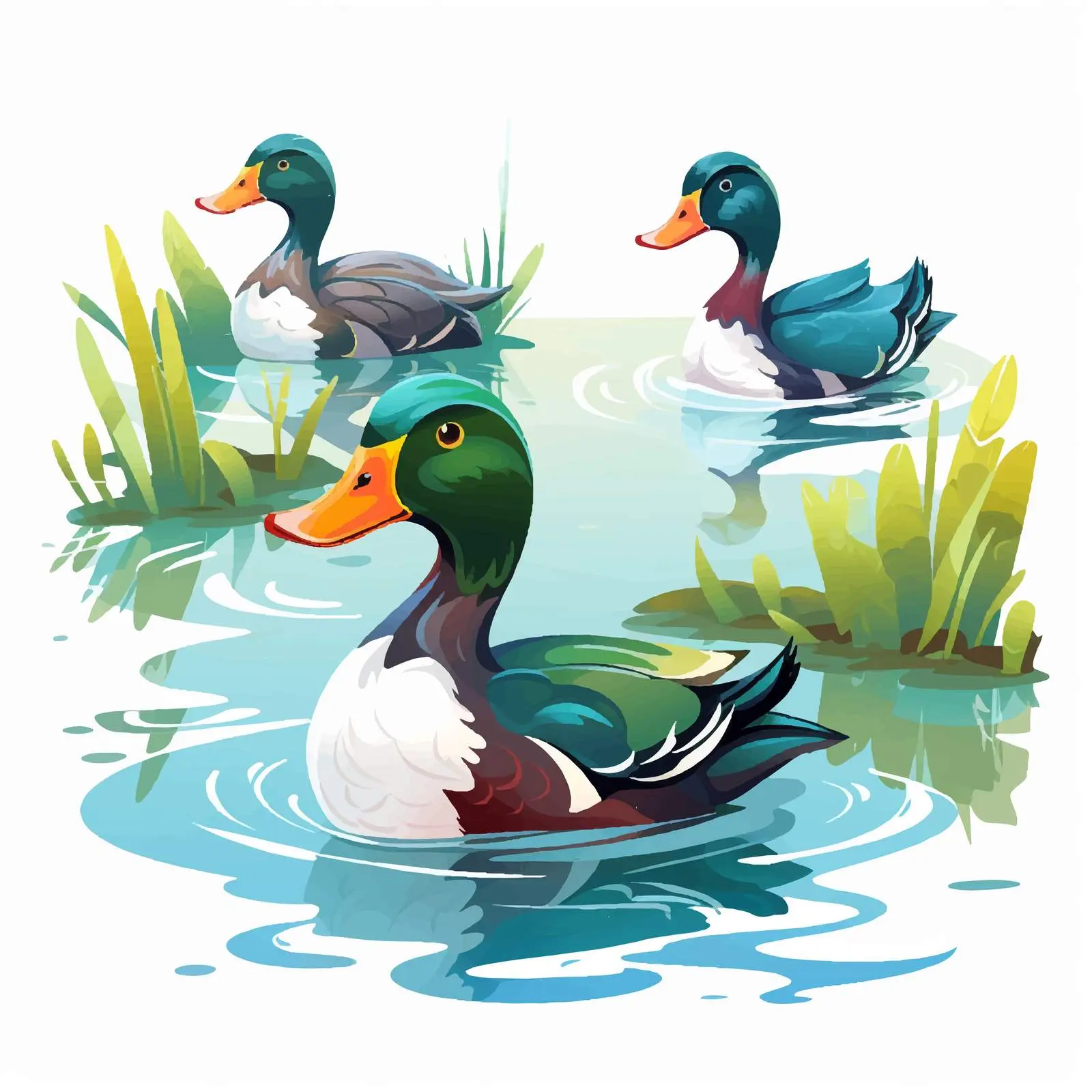 Colorful Ducks Swimming in a Scenic Pond – free playful duck image from Dotvec