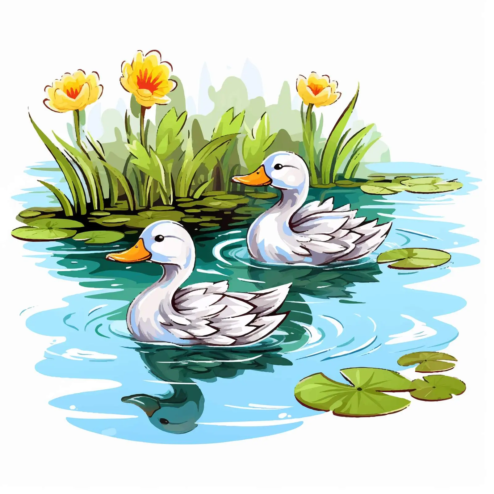 Colorful Ducks in a Scenic Pond Vector – free playful duck image from Dotvec