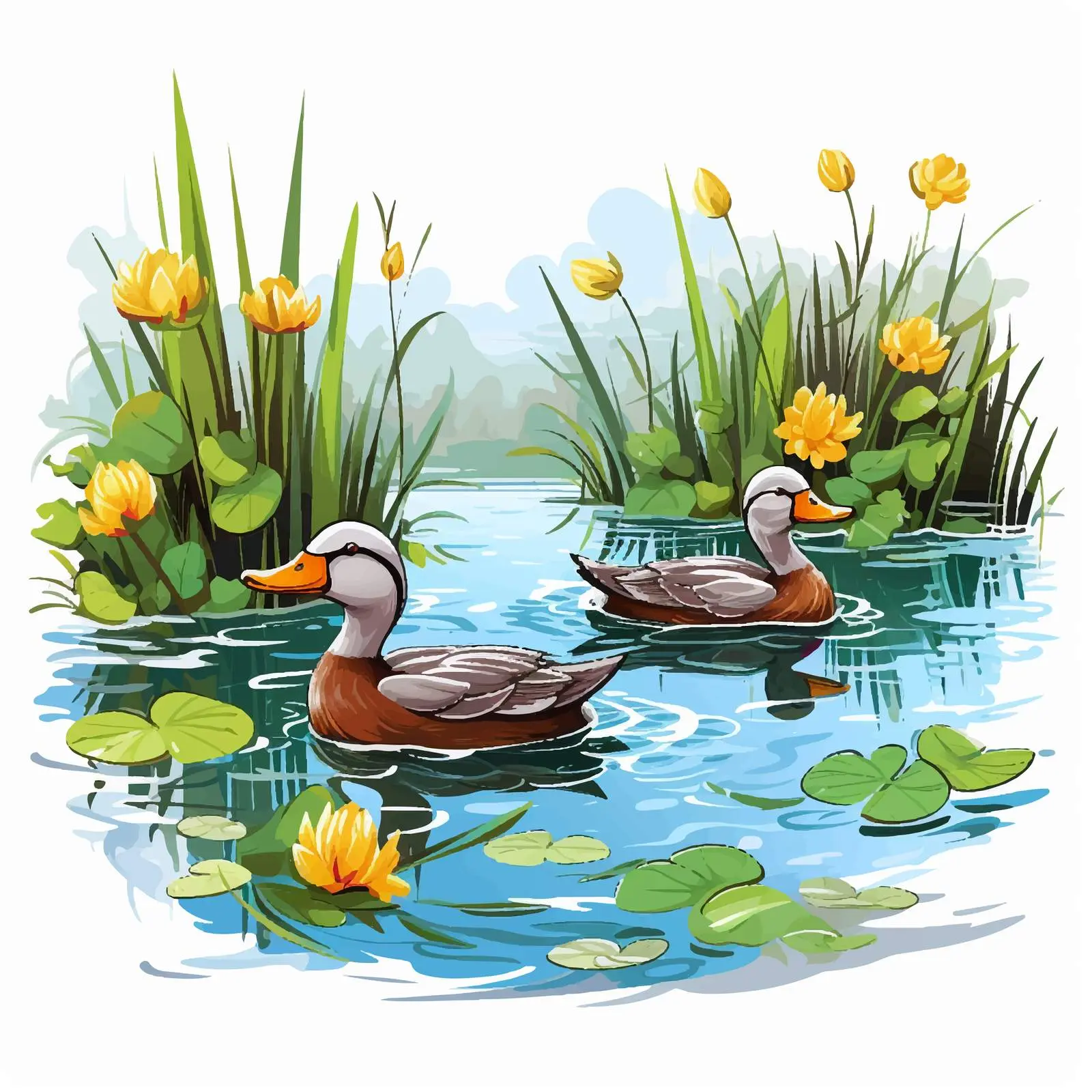 Colorful Ducks in Scenic Pond Vector Illustration – free playful duck image from Dotvec