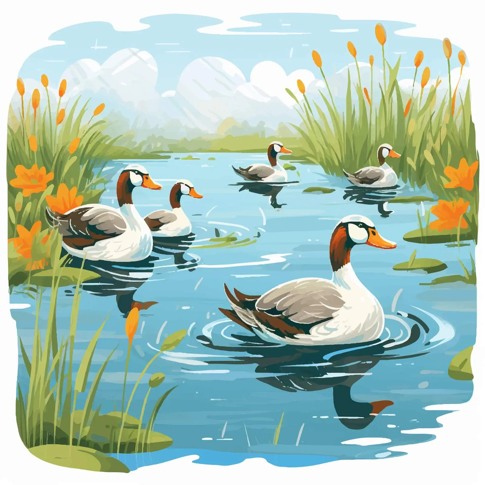 Colorful Ducks Swimming in Scenic Pond Vector — free download from Dotvec