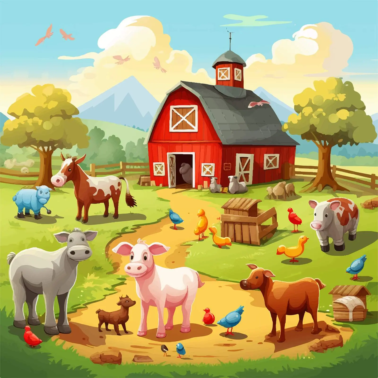 Colorful Farm Scene with Animals and Barn — free download from Dotvec