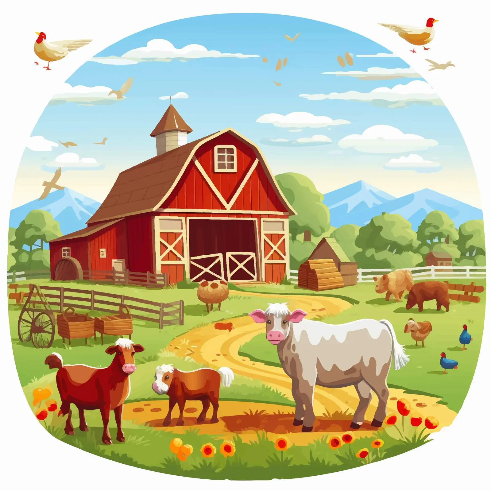 Colorful Farm Scene with Animals and Barn — free download from Dotvec