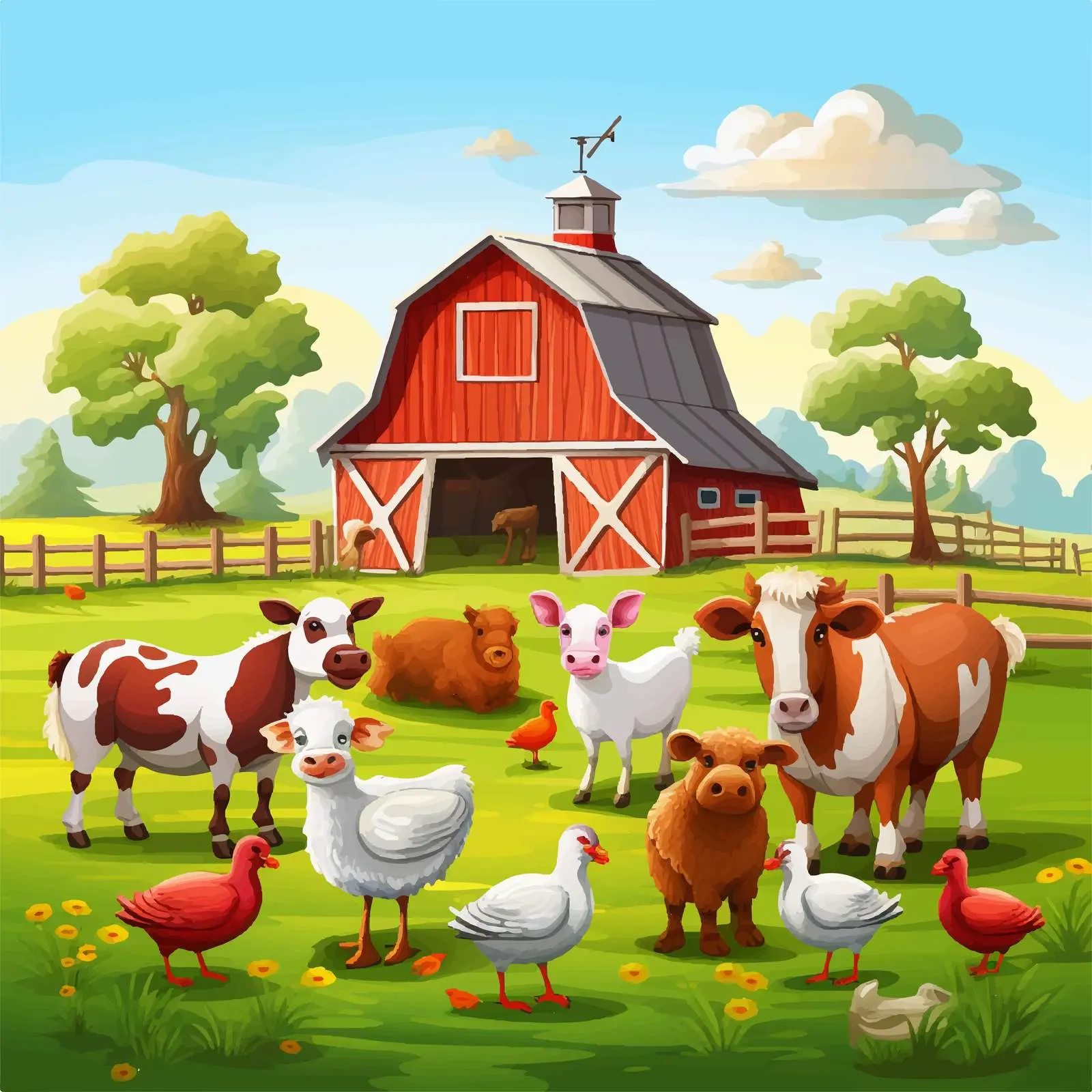 Colorful Farm Scene with Animals and Barn — free download from Dotvec