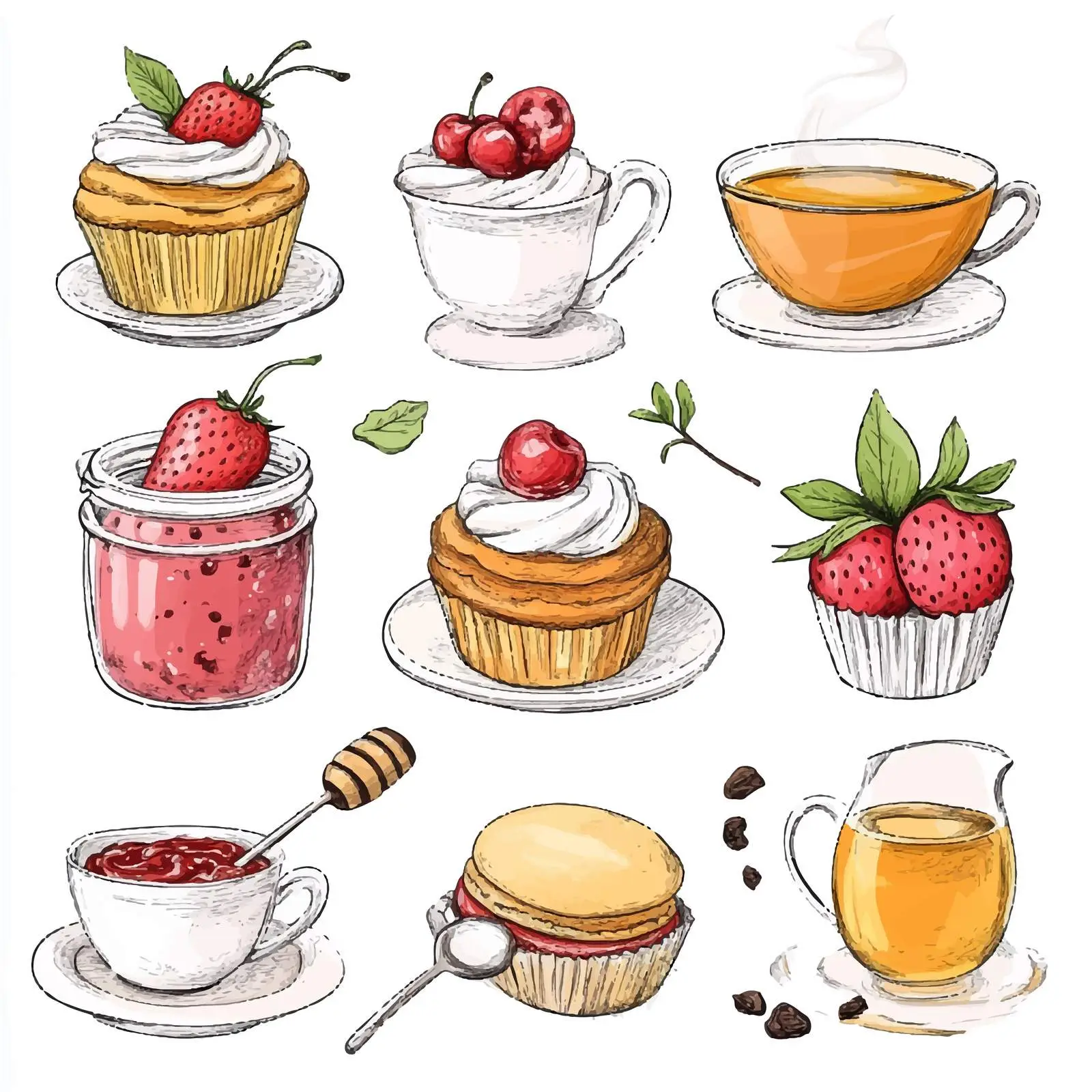 Colorful Hand-Drawn Desserts and Dishware — free download from Dotvec