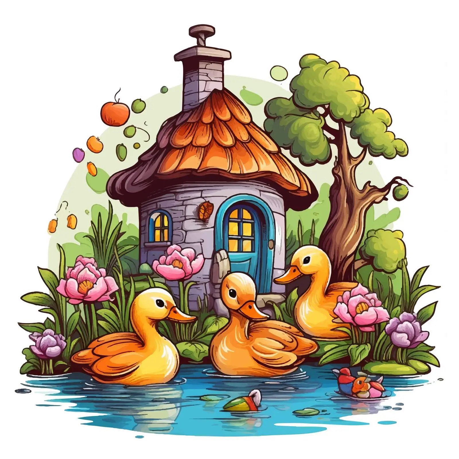Colorful Ducks Near Mushroom House Illustration — free download from Dotvec