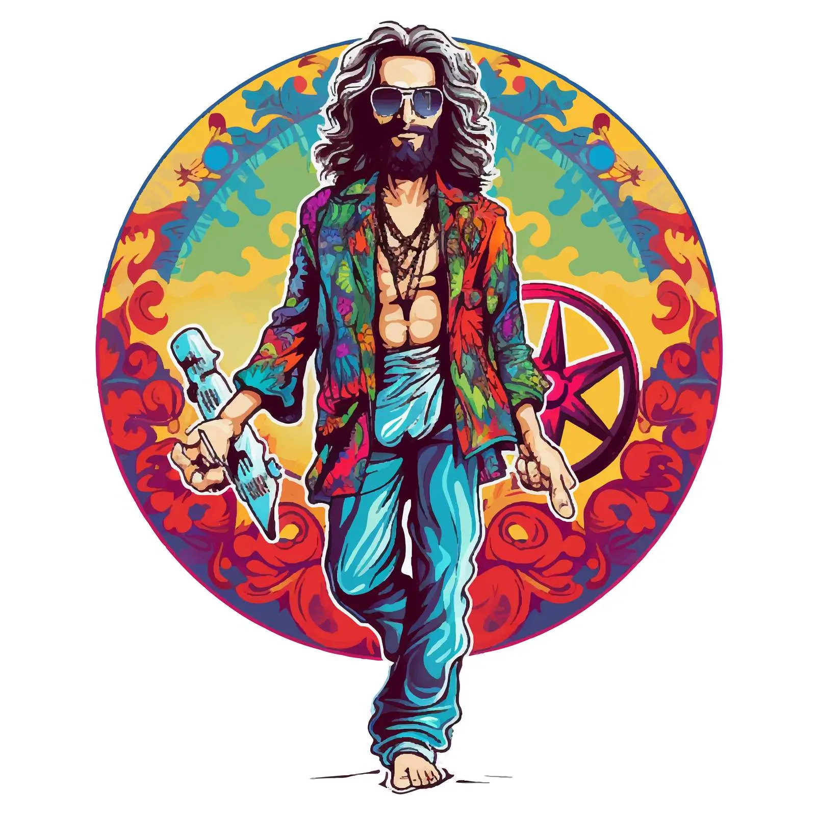 Colorful Retro Hippie Man with Peace Symbols — free download from Dotvec