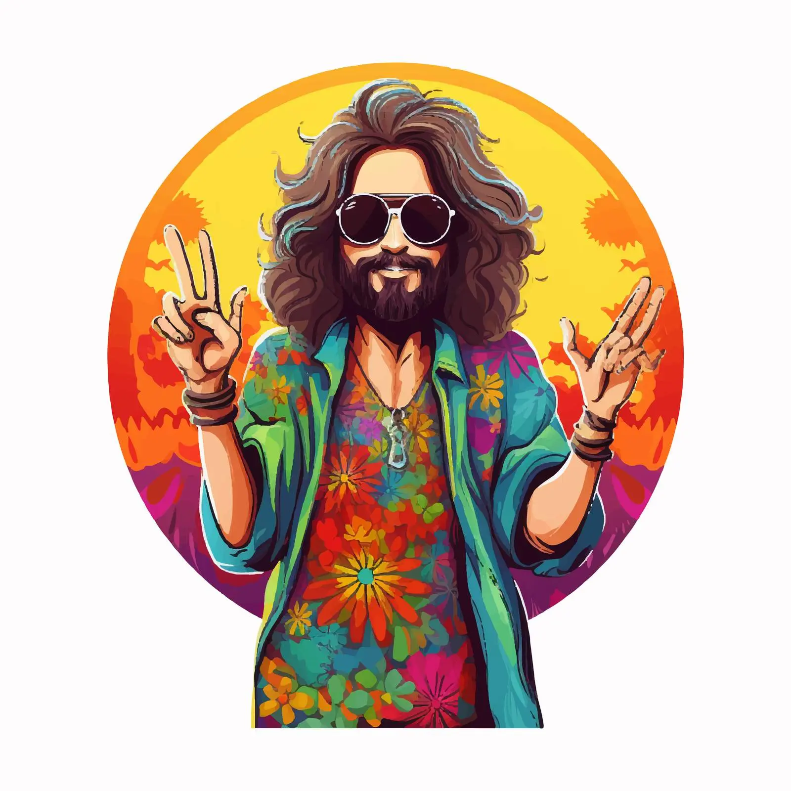 Colorful Retro Hippie Man with Peace Symbols — free download from Dotvec