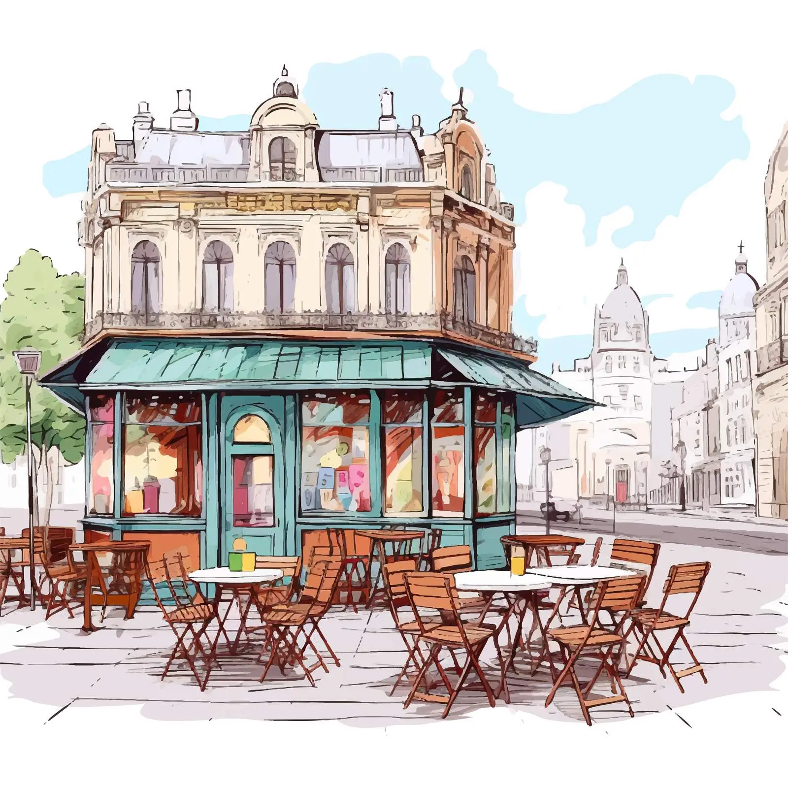 Colorful Rough Drawing of Outdoor Cafe Scene — free download from Dotvec