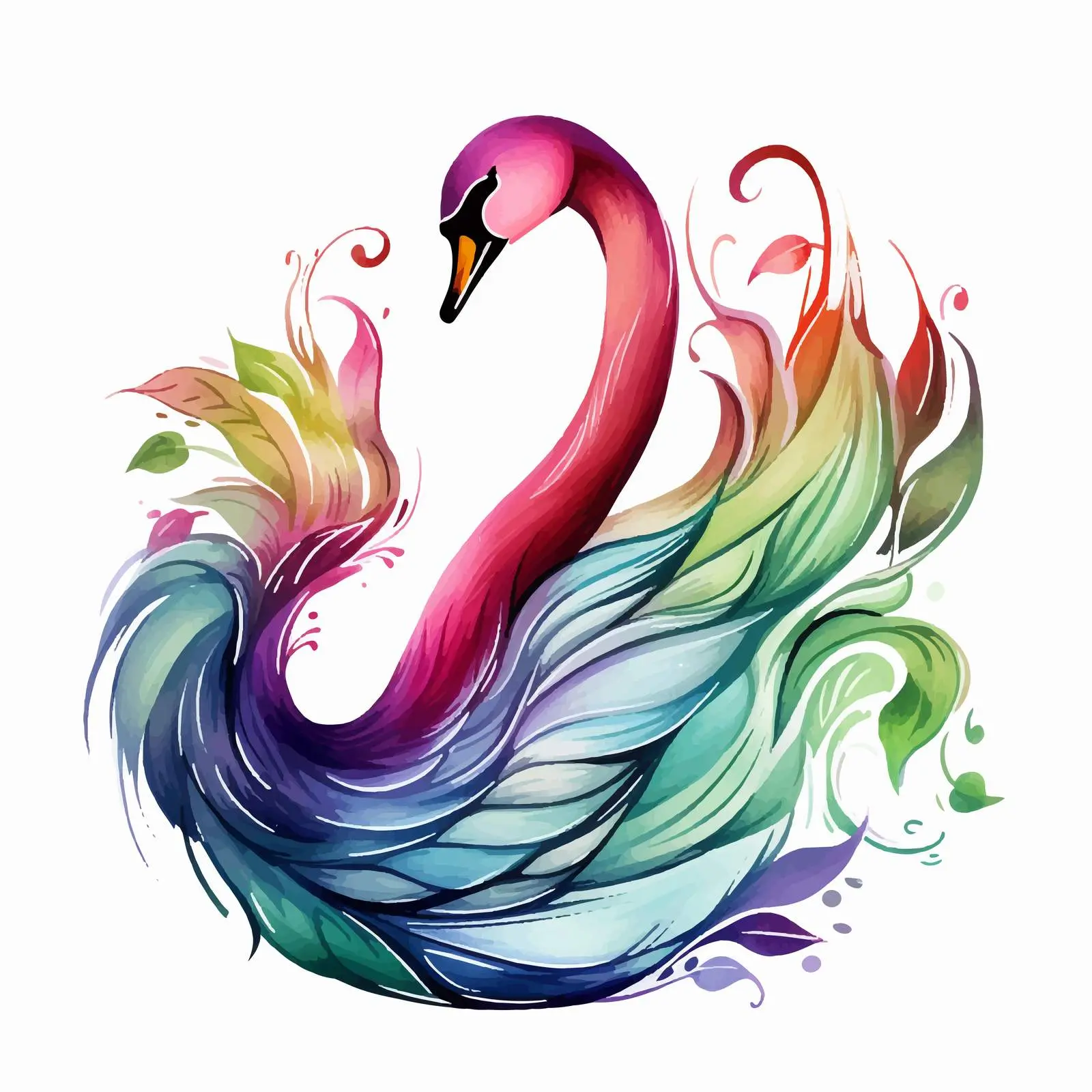 Colorful Swan with Watercolor Leaves Doodle Sketch — free download from Dotvec