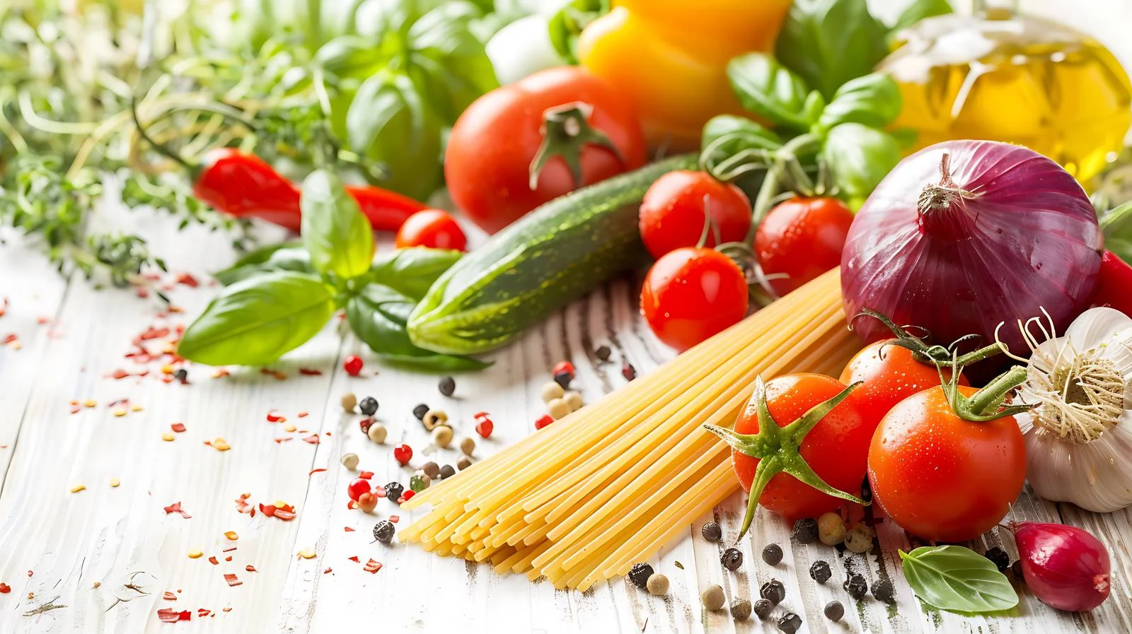 Vibrant Veggie Spaghetti on Wood Background — free download from Dotvec