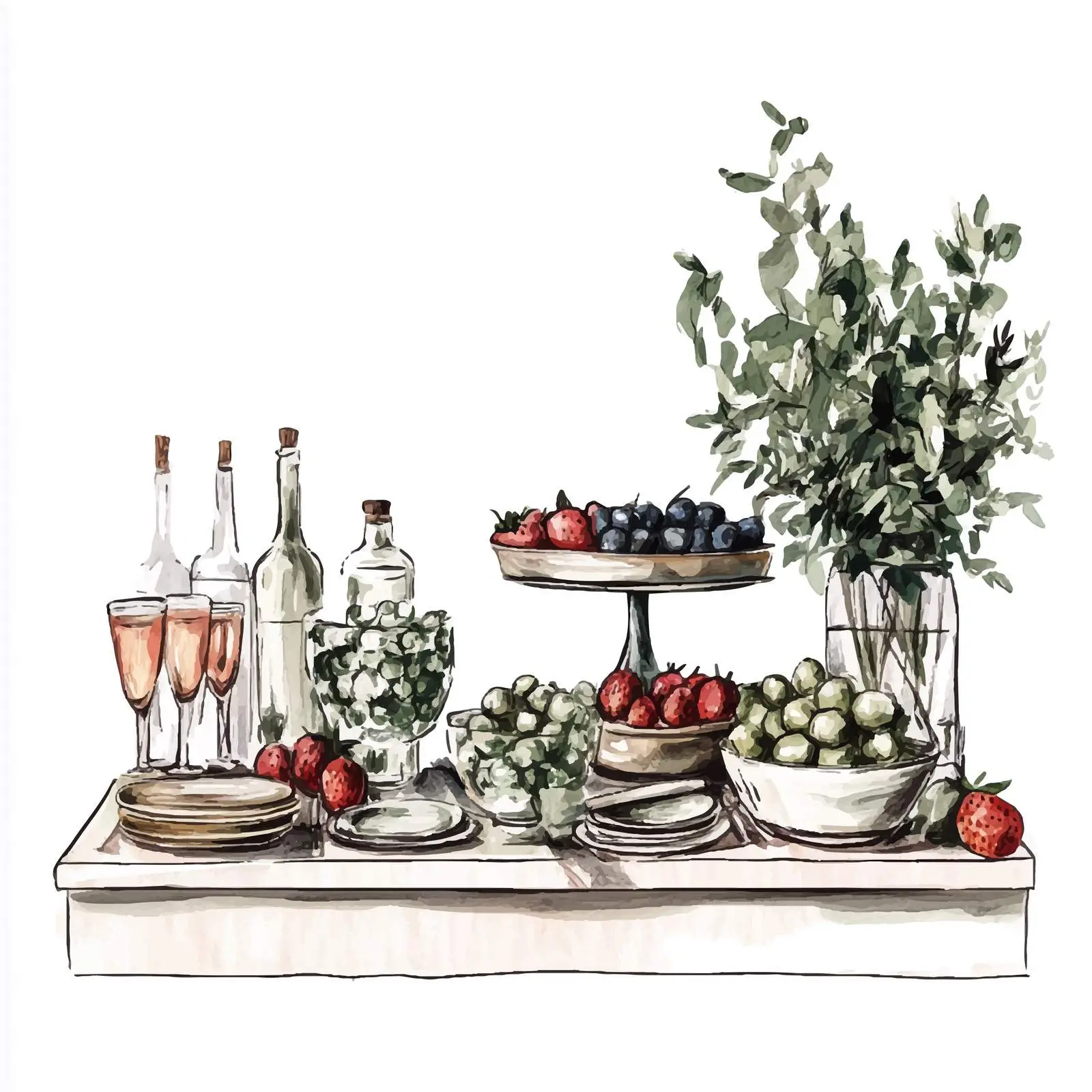 Hand-Drawn Buffet Table Watercolor – free food display image from Dotvec