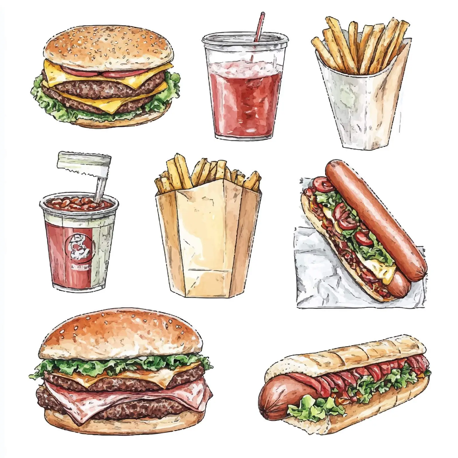 Colorful Hand-Drawn Junk Food Vectors — free download from Dotvec
